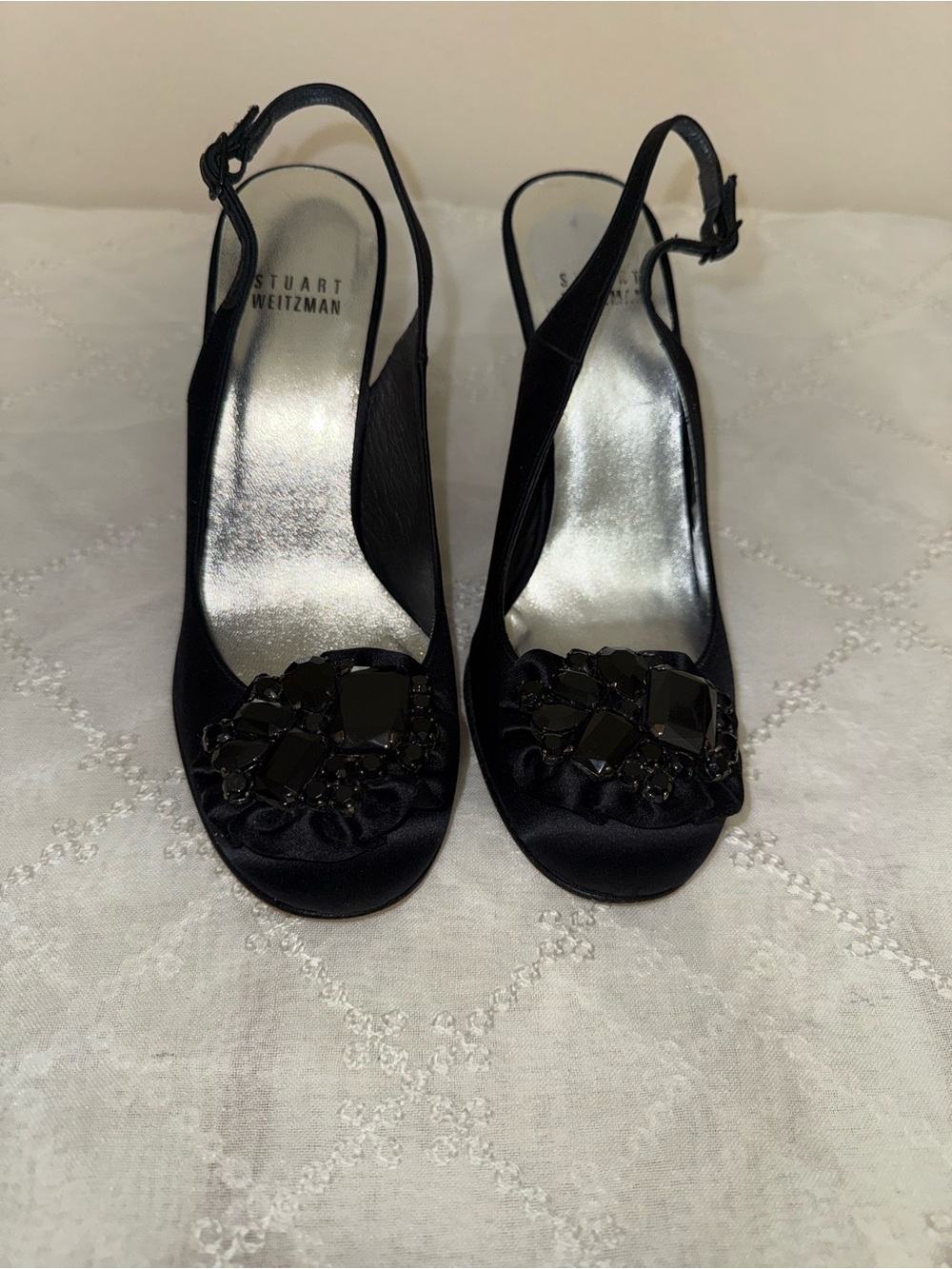 Stuart Weitzman Black Satin Slingback Heels with Black Jeweled Accent